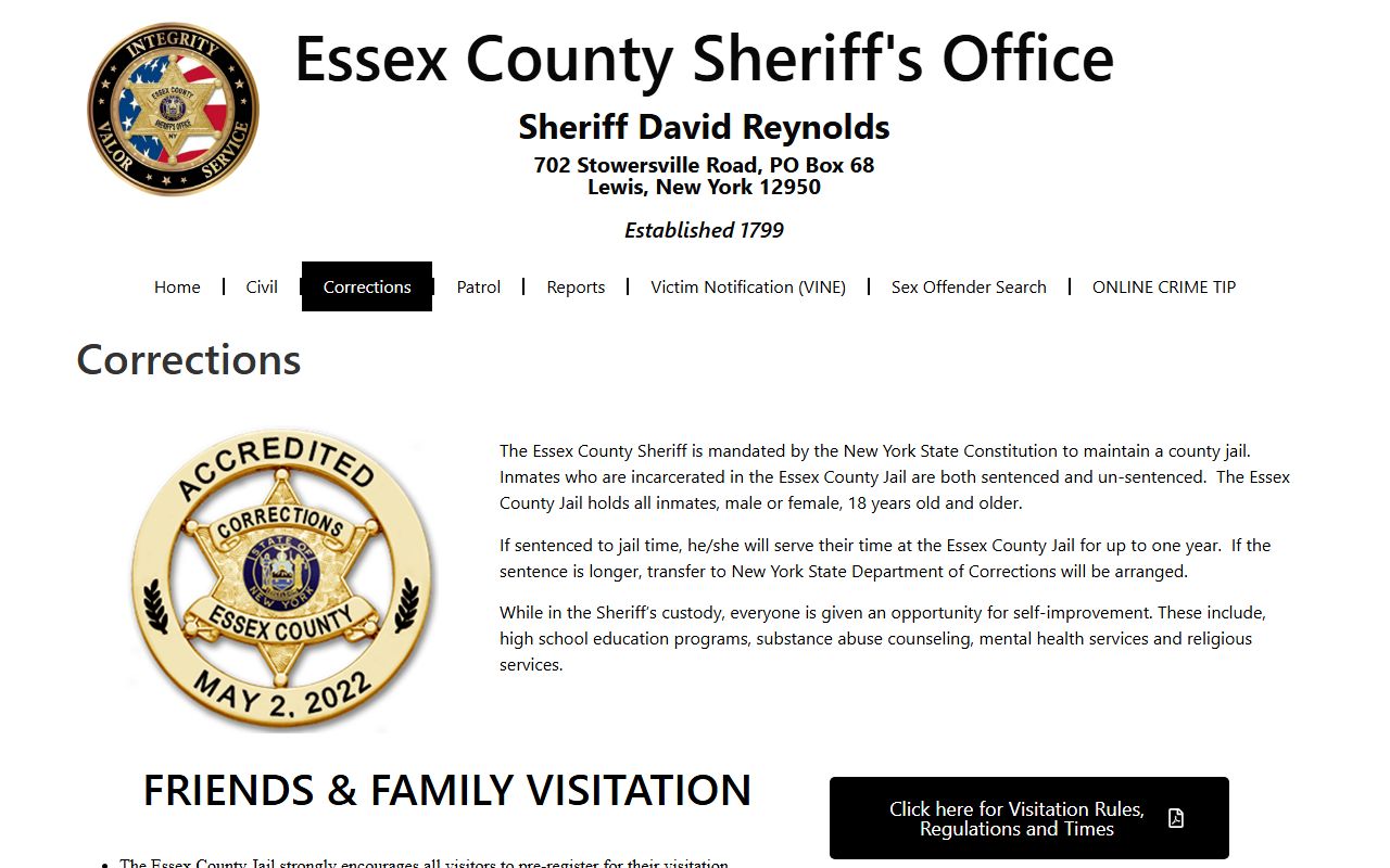 Essex County inmate population corrections page with jail custody service links
